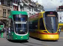 BVB/BLT: Die neusten Gesichter (Trämli) auf dem Barfüsserplatz Basel am 5. Mai 2017.
Foto: Walter Ruetsch 