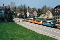 TB/TL: BDe 4/4 6 mit einem bunten Zug nach St. Gallen unterwegs im Frühling 1994.
Von der ehemaligen Lausanne-Moudon Bahn wurden vier Personenwagen übernommen.
Der B4 11 wurde 1970 nach einem Einsatz bei der FB im Jahre 1970 in Betrieb genommen. Die B4 12-14 standen ab dem Jahre 1963 bei der TB im Einsatz. 
Mehrere Jahre leisteten somit stilreine Lausanner Garnituren bestehend aus BDe 4/4 Triebwagen und B4 Personenwagen wertvolle Dienste in der Ostschweiz.
Foto: Walter Ruetsch 