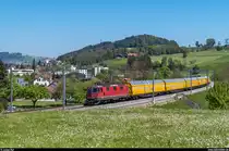 Re 4/4 II 11163 mit einem Postzug zwischen Sirnach und Eschlikon am 10. Mai 2017.
