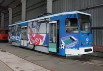 CKD Tatra T6A2 Wagen 701 mit FC Hansa Rostock Werbung stand am 20.05.2017 in der Wagenhalle des Depot 12 in Rostock-Marienehe.