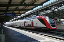 SBB: Ein RABe 502 TWINDEXX wartete am 20. Mai 2017 im Bahnhof Lausanne anlässlich einer Probefahrt nach Romont auf die Abfahrt.
Foto: Walter Ruetsch