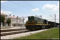 Die schwere Diesellok 644-013 der montenegrinischen Eisenbahn rangiert hier vor dem Bahnhofsgebäude in Niksic am 16.5.2017 einen Güterzug.