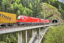 1116 072-0  BODENSEE  und 1116 101-7 überqueren mit einem KLV, die Kaponiggraben-Brücke bei Obervellach.
Aufgenommen am 14.5.2017.