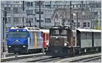 Ge 4/4 III 652 und Ge 6/6 I 615 mit Extrazug zur Generalversammlung RhB in Versam-Safien bei der Ausfahrt in Chur. (02.06.2017)