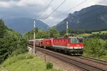 Im letzten Sonnenlicht vor den beiden Gewittern über der Rax und rechts vom Schneeberg aus,fahren 1144.107+1116 mit G-46751 am 4.6.17 über den Payerbachgraben-Viadukt.