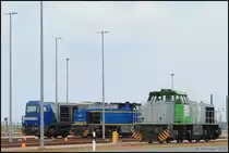 Von links abgestellt auf dem Jade-Weser-Port, die 273 002-6, MaK G 2000 / 276 005-4, evb / 275 021-4, duisport rail. Wilhelmshaven 10/06/2017 