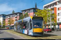 Strassenbahn Nordhausen: Combino Advanced 104 auf der Linie 1 in Richtung Bahnhofsplatz zwischen den Haltestellen Rathaus und Nordbrand am 1. Juni 2017.