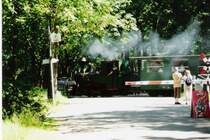 Im Mai 2006 gab es f�r die  Ehemaligen  im FEZ eine Organisierte Sonderfahrt, mit einer Dampflok, die hier mit ihrem Zug in den Bahnhof Badesee einf�hrt. ich wie� nicht recht wie gro� der entstandene Schaden bei der BPE ist, aber ich glaube, diesen gr�nen Personenwagen gibt es nicht mehr o.O ?!