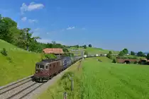 Re 425 180 + Re 465 012 mit einem Containerzug am 13.06.2017 bei Einigen. 