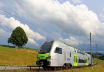 BLS  MUTZ (Serie 515) der S-Bahnlinie Bern - Schwarzenburg: Zug 515 014 hat die Steilrampe von der Schwarzwasserbrücke her erklommen. 10.Juli 2017 