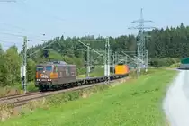 151 017 der HSL mit einem Containerzug aus Glauchau kurz vor Hof, 07.09.2016