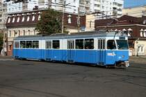 Umgebauter Be 4/6 in Winnyzja. Man beachte die verlängerten Auflaufhörner am Stromabnehmer, grosszügigen Rückspiegel, zusätzlichen Blinker und die digitale Fahrzielanzeige. 23.07.2017 