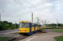 Leipzig LVB SL 8 (Bw B4D-M (LVB-Typ 65c) 763) Paunsdorf Nord am 14. Juli 2008. - Scan von einem Farbnegativ. Film: Kodak Film FB 200. Kamera: Leica C2.