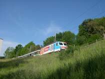 Die SOB Re 4/4 IV 446 447-5 zieht am 02.05.2007 den Voralpenexpress IR 2411 Luzern-Romanshorn bei Merlischachen gen Arth-Goldau. Noch vier Minuten und sie hat K�ssnacht am Rigi erreicht. Die Lok wirbt f�r einen gro�en Klebefilm-Hersteller.
