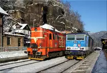 742 522 wird in Schöna von 371 001 überholt. Aufgenommen am 19.01.2017