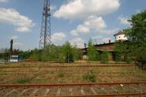 Hier sieht man das traurige Ende des Lokschuppen in Ludwigslust. Die B�ume zwischen der Drehscheibe und dem Lokschuppen sind schon h�her wie die Schuppentore. Hier f�hrt wohl keine Eisenbahn mehr rein. 03.05.2007