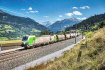 Die für  Christian Doppler  werbende ELL 193 831-5 der SETG, durchfährt mit dem ersten Teil des Kreidezugs aus Slowenien, den ehemaligen Bahnhof Angertal.
Aufgenommen am 30.8.2017.