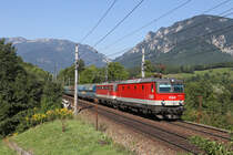 Die nagelneue 1144.264 fährt im Tandem mit 1142.625 und 2x1142 als N. mit GAG-47053 über den Payerbachgraben-Viadukt am 31.8.17