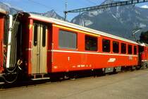 RhB - AB 1545 am 22.08.1991 in Reichenau - 1./2.Klasse verk�rzter Einheitspersonenwagen (Typ I) f�r Berninabahn - �bernahme 1968 - FFA/SWP - Fahrzeuggewicht 13,00t - Sitzpl�tze 12/31 - L�P 14,91m - zul�ssige Geschwindigkeit 90 km/h - Logo nur RhB - Hinweis: Griffstangen neben den T�ren, gescanntes Dia
