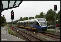 Nordwestbahn VT 643313 fährt hier am 1.8.2017 um 15.23 Uhr auf dem Weg von Osnabrück nach Bielefeld in den Bahnhof Halle in Westfalen ein.