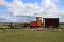 Am 17.06.2008 steht ein Arbeitszug des Küstenschutz, bestehnd aus 2 Drehschemelwagen mit Dalben, der Schöma 5540 und dem Aufenthaltswagen 1, unterhalb der Neuwarft abgestellt.