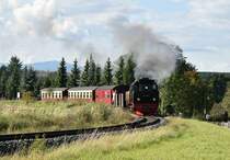Nach dem der Zug kopf gemacht hat in Hasselfelde, kommt er nun wieder gen Stiege und Eisfelder Talmühle die Steigung hinauf gefahren. Hasselfelde mit Brokenblick den 16.9.2017

