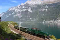 Das SBB Historic Krokodil Be 6/8 III Nr. 13302 fuhr am 23. September 2017 die Walenseelinie entlang in Richtung Sargans. Im Hintergrund über den fjordähnlichen Walensee ziehen sich die steil aufragenden Churfirsten wie eine Schlange von Osten nach Westen. Der historischer Extrazug der SBB Historic bestand aus den SBB Be 6/8 III Nr. 13302 und den Waggons B 8112 (2. Klasse)und AB 4126 (1./2. Klasse).