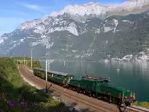Das SBB Historic Krokodil Be 6/8 III Nr. 13302 fuhr am 23. September 2017 die Walenseelinie entlang in Richtung Sargans. Im Hintergrund über den fjordähnlichen Walensee ziehen sich die steil aufragenden Churfirsten wie eine Schlange von Osten nach Westen. Der historischer Extrazug der SBB Historic bestand aus den SBB Be 6/8 III Nr. 13302 und den Waggons B 8112 (2. Klasse)und AB 4126 (1./2. Klasse).
