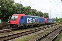 Am Nachmittag des 13.05.2016 stand SBBC/HSL Re 482 046-0 mit SBBC/HSL Re 482 042-9 gemeinsam abgestellt im Rangierbereich des Bahnhofes von Müllheim (Baden), nachdem sie einen Kesselzug nach Basel Bad Rbf gebracht hatten.