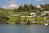 Kein Wunder das der Bahnfotograf dieses Bildes Baukräne gar nicht mag.
Eine Re 450 im Lauvaux?? Falsch, sicher nicht! Eine modernisierte Re 450 war am 27. August 2017 bei einem kleinen Weinbaugebiet zwischen Meilen und Feldmeilen unterwegs. Das Bild entstand auf einem Schiff von ZH Bürkliplatz-Rapperswil, auf dem  Zürisee .