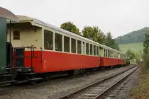BE/BOB: Schweizerwagen im Rheinland.
Ehemalige Wagen der Berner Oberland-Bahn (BOB) leisten noch wertvolle Dienste bei der Brohltalban. Aufnahme vom 23. September 2017 auf dem Endbahnhof Engeln.
Foto: Walter Ruetsch 