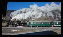 JZ 73-019 der Pinzgaubahn, dampft mit dem Wintermärchendampfzug 3394 von Zell am See nach Krimml. 
Fürth-Kaprun 29.12.2016