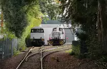 Von öffentlichem Gelände wurden diese beiden Loks fotografiert, die auf den Gleisen des Reuschling-Werks
in Hattingen standen.
Die rechte Lok trägt bei Reuschling die Nummer 71 und ist als  Zebralok  bekannt.
Leider ist mir die Nummer der G2000 nicht bekannt.
Aufnahmedatum: 29. September 2017