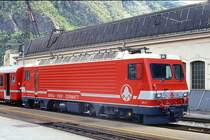 MGB exBVZ - HGe 4/4 II 1 Name: Matterhorn am 17.05.1991 in Visp - Zahnrad-LOKOMOTIVE - �bernahme: 03.07.1990 - SLM5419/ABB - 1932 KW - Gewicht 64,00t - L�P 14,78m - zul�ssige Geschwindigkeit 90/Z35 km/h - Lebenslauf: ex BVZ HGe 4/4 II 1 - 2003 MGB HGe 4/4 II 1 - Hinweis: Name noch verh�llt 
