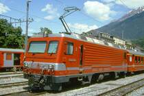 MGB exBVZ - HGe 4/4 II 2 am 04.06.1993 in Brig - Zahnrad-LOKOMOTIVE - Name: Monte Rosa - �bernahme: 24.07.1990 - SLM5420/ABB - 1932 KW - Gewicht 64,00t - L�P 14,78m - zul�ssige Geschwindigkeit 90/Z35 km/h - Lebenslauf: ex BVZ HGe 4/4 II 2 - 2003 MGB HGe 4/4 II 2
