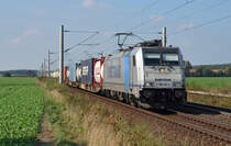 186 289 führte für Metrans am 29.09.17 einen Containerzug durch Rodleben Richtung Roßlau.