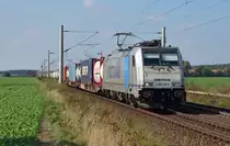 186 289 führte für Metrans am 29.09.17 einen Containerzug durch Rodleben Richtung Roßlau.
