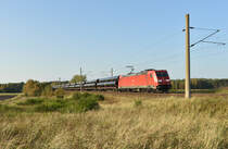 Diese BR 185 242-5 mit Röhren zum Bau einer Gaspipeline, in Richtung Hagenower Land unterwegs. 3km östlich von Büchen 16.10.2017