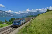 Re 465 010 mit einem KLV am 10.06.2017 bei Einigen. 