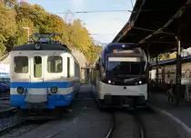 MOB/MVR: Abschied von den MOB Triebwagen Be 4/4 1003 ehemals FLB und Be 4/4 1002 ehemals BA in Vevey am 17. Oktober 2017.
Inzwischen wurden die beiden Triebwagen aus dem Kanton Tessin leider verschrottet, schade.
Foto: Walter Ruetsch