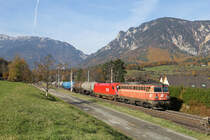 Die noch fast blutorangene 1142.575 leistet einer 1116 am Kessel-GAG 46786 bei Payerbach vorspann. 4.11.17