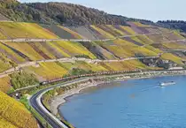 MRCE ES 64 U2-009 (182 509) mit  Europa ohne Grenzen seit 25 Jahren -Werbung und eine unbekannte MRCE ES 64 U2 sind für die NIAG mit einem Kohlezug am 31.10.17 am Bopparder Hamm
zwischen Boppard und Spay in Richtung Bingen unterwegs. 