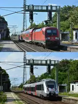 Zwischen diesen Bildern liegen nur knapp 1 Jahr. Letztes Jahr fuhren in Güterglück noch 182er mit Dostos als RB42 und 112er mit Dostos als RE13. Seit letzten Dezember fahren auf beiden Linien silberne DB Hamster. Die 182er haben auf dem RE5 die 112er abgelöst. Dürfte wohl in der Hauptverkehrszeit sehr eng werden in den Hamstern. 

Güterglück 04.08.2017