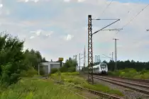 BLick auf die alte Verbindungskurve nach Barby sowie die alte Bahnmeisterei Güterglück. Beides ist heute stillgelegt und wird von der Natur zurück geholt. Rechts fährt ein 1442 als RE13 durch Güterglück gen Magdeburg.
Das Bild wurde vom Ende einer Straße aufgenommen.

Güterglück 04.08.2017