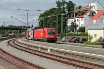 Nachschuss auf 1116 196  Rupert , als sie am 12.08.2016 ihren REX (Lindau Hbf - Feldkirch) aus dem Startbahnhof über den Bahndamm gen Bregenz schob.