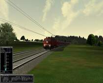 BR 111 023-8 mit einer Modus-Wagen-Garnitur bei Emskirchen (ProTrain 7).