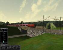 BR 111 023-8 mit einer Modus-Wagen-Garnitur bei Emskirchen (ProTrain 7).