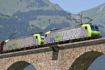 BLS Re485 in Doppeltraktion auf dem Kanderviadukt bei Frutigen, auf dem Weg nach S�den. (Aug.2006)