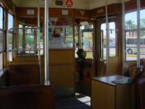 Innenansicht der ehemaligen N�rnberger Stra�enbahn (Baujahr ca. 1959/60)in Fahrtrichtung, rechts vorn Schaffnersitzplatz