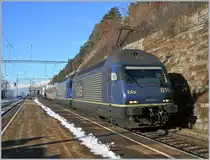 Zwei BLS Re 465, mit der führenden Re 465 016, mit einer RoLa Freiburg - Novara bei der Durchfahrt in Hohtenn.
29. Jan. 2007